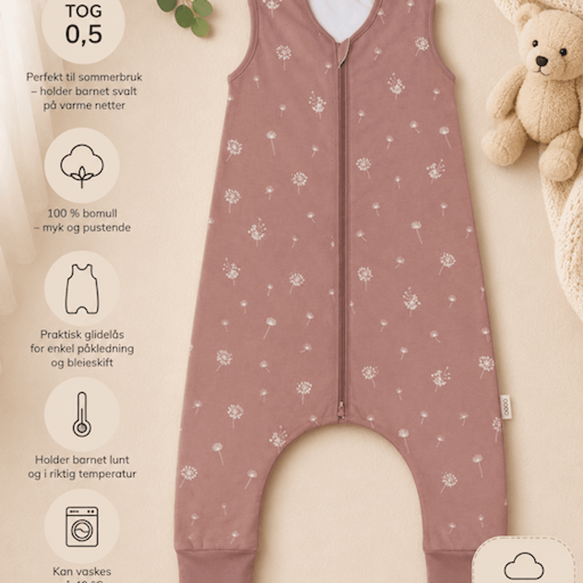 Fillikid | Sommer nattpose med ben | str. 80 | Dandelion Pink