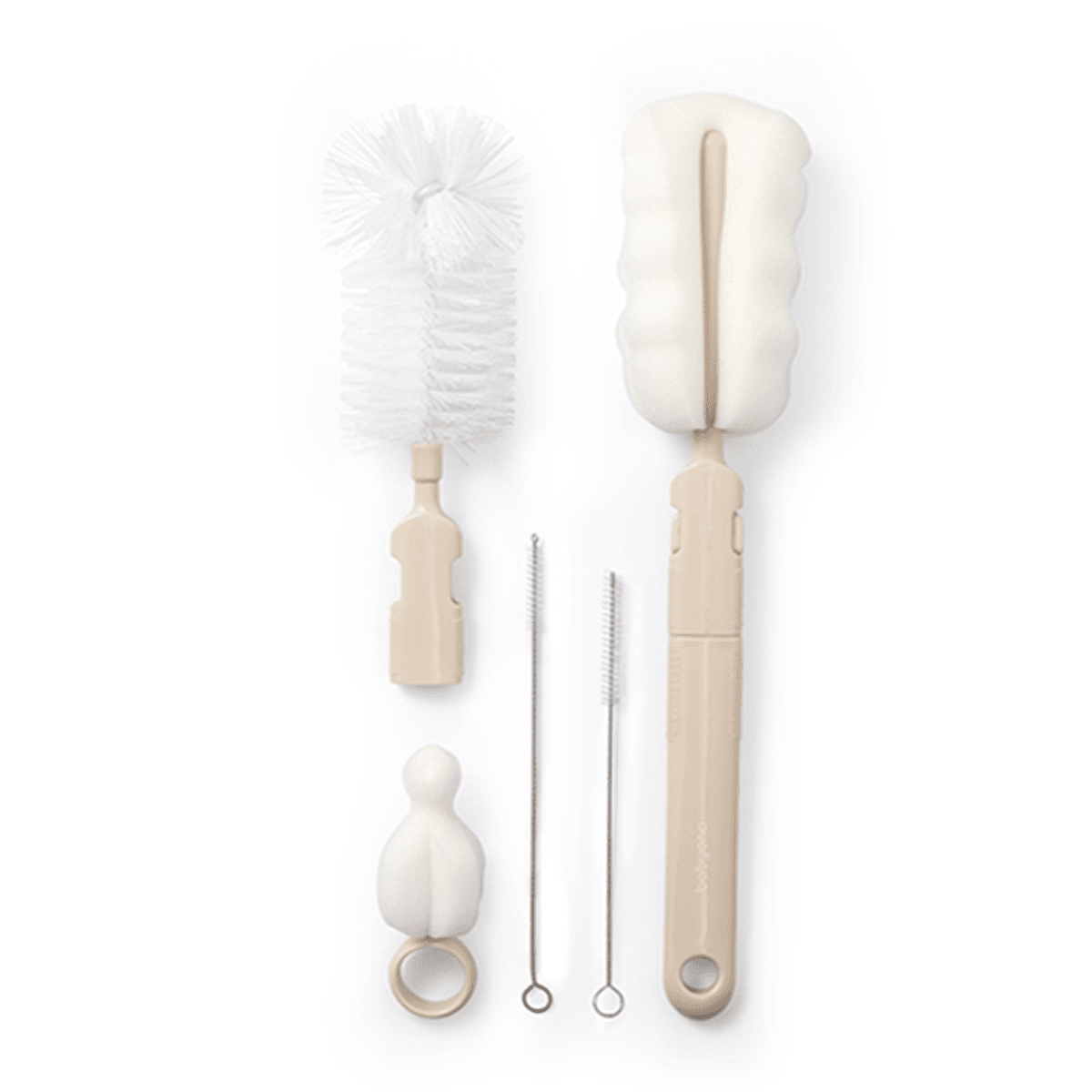 Babyono | Flaske- og smokkbørstesett med avtakbart håndtak og minisvamp | Beige